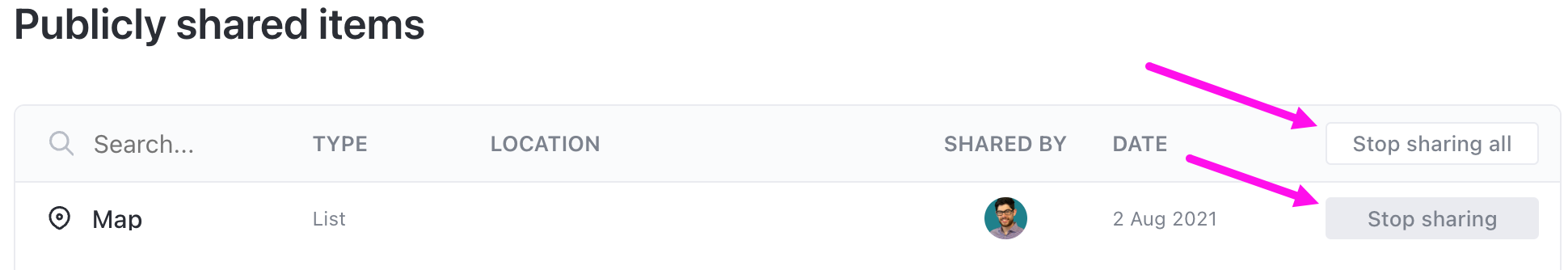 Screenshot beider Optionen in der Tabelle für öffentlich geteilte Elemente: Teilen für alle stoppen und Teilen stoppen.
