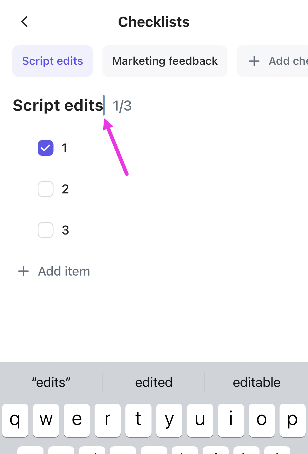 Captura de tela de alguém editando o nome de uma checklist na visualização de Tarefa 3.0.