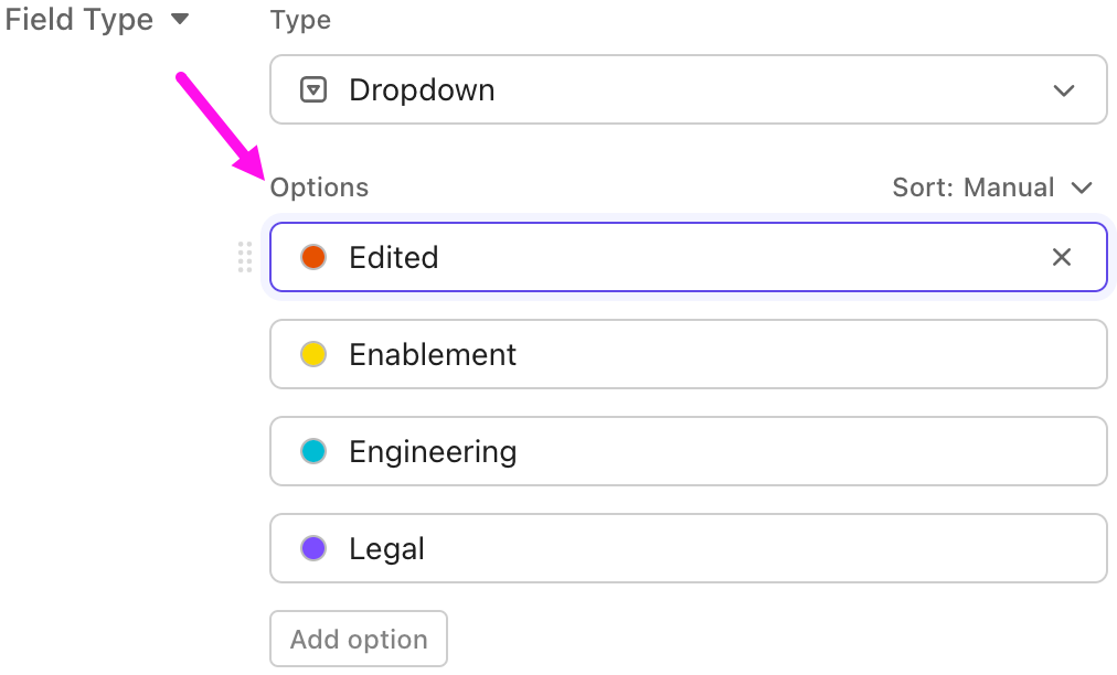 Screenshot che mostra un'opzione a discesa in fase di modifica.
