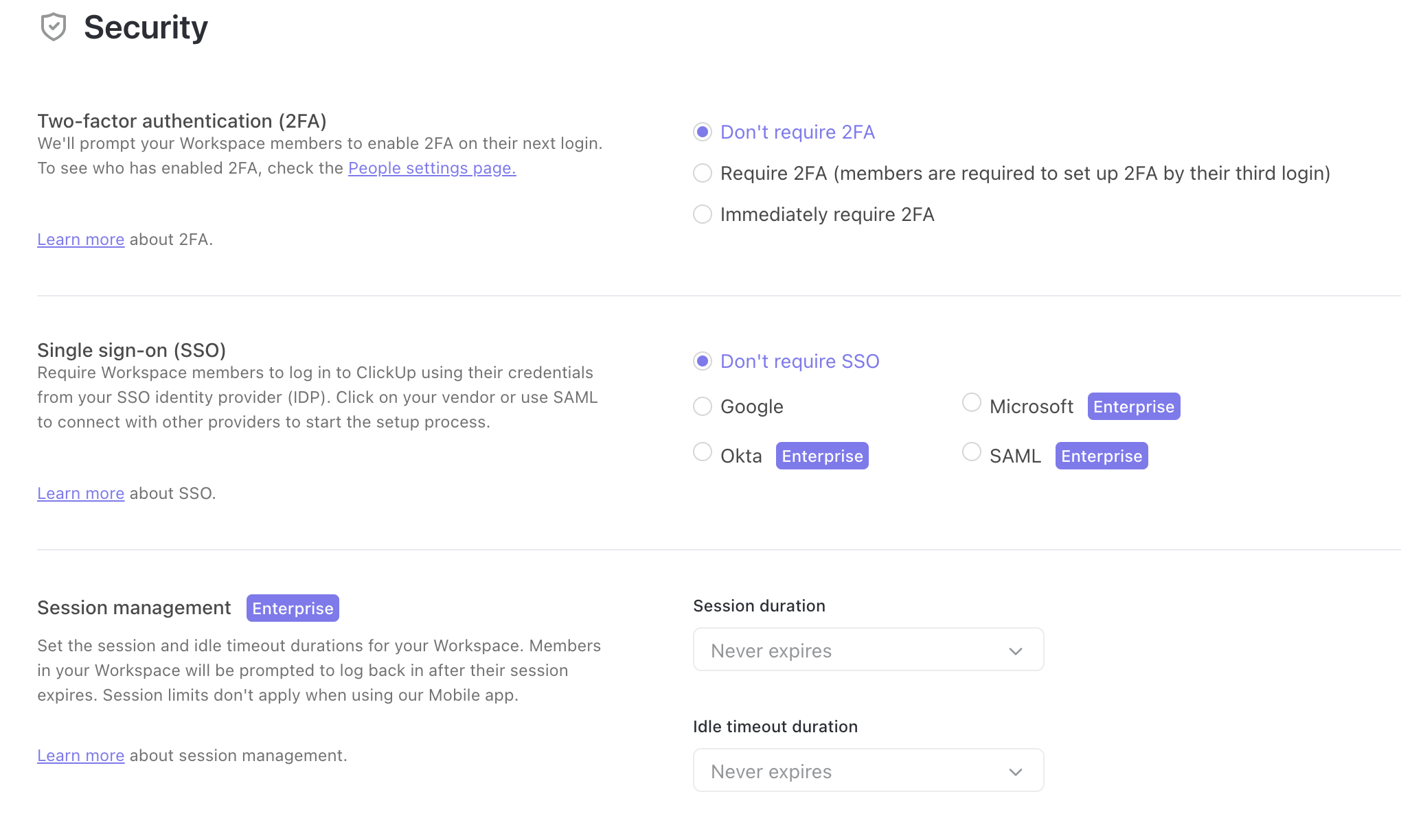 Captura de tela das configurações padrão de Segurança.