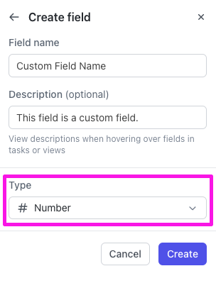 Una captura de pantalla del cuadro de diálogo modal Crear Campo con una anotación que muestra el desplegable de tipo de campo personalizado.