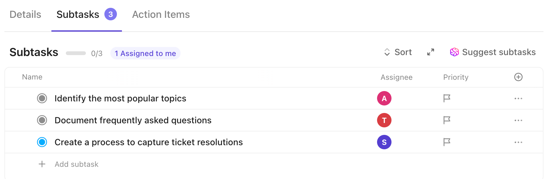 Screenshot of the subtasks section.