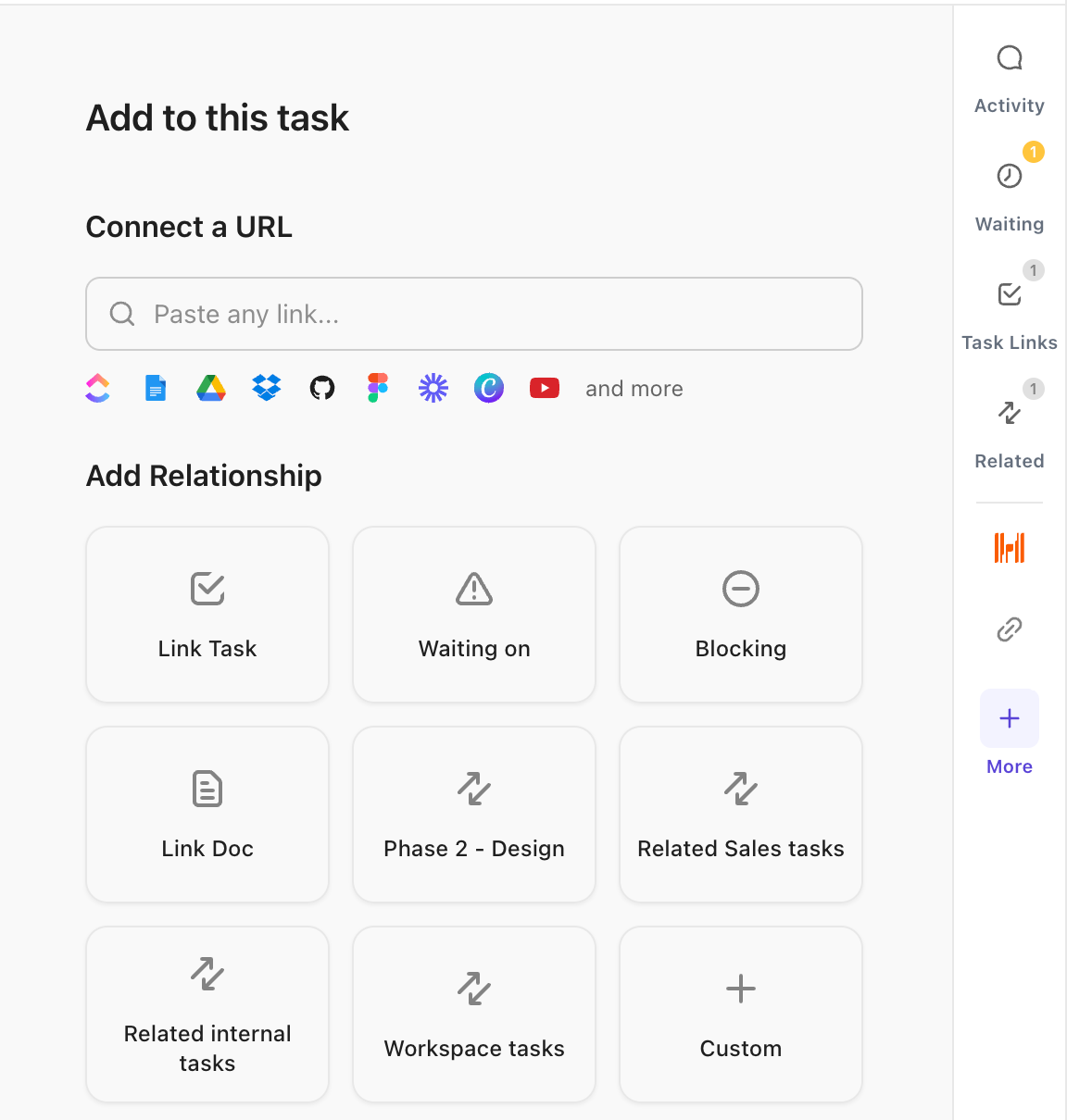 Screenshot of the relationships section on a task,
