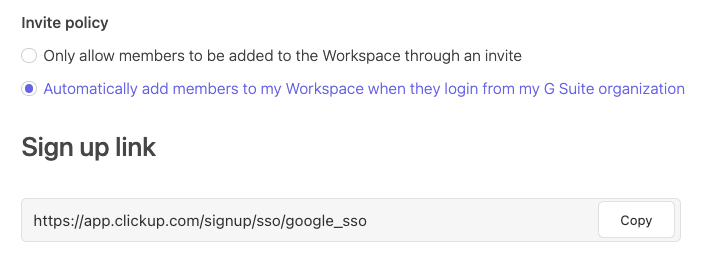 Screenshot der Optionen für die Einladungsrichtlinie beim Einrichten von Google SSO.