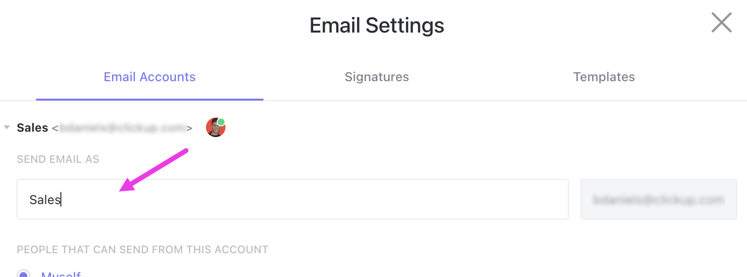 Capture d'écran du champ « envoyer un e-mail en tant que » dans le modal de gestion des comptes.png