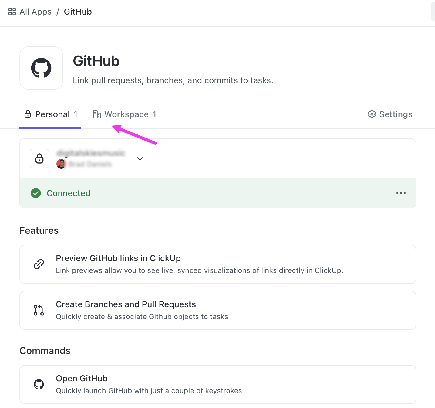 Screenshot che evidenzia le schede personale e dello spazio di lavoro in un integration.png