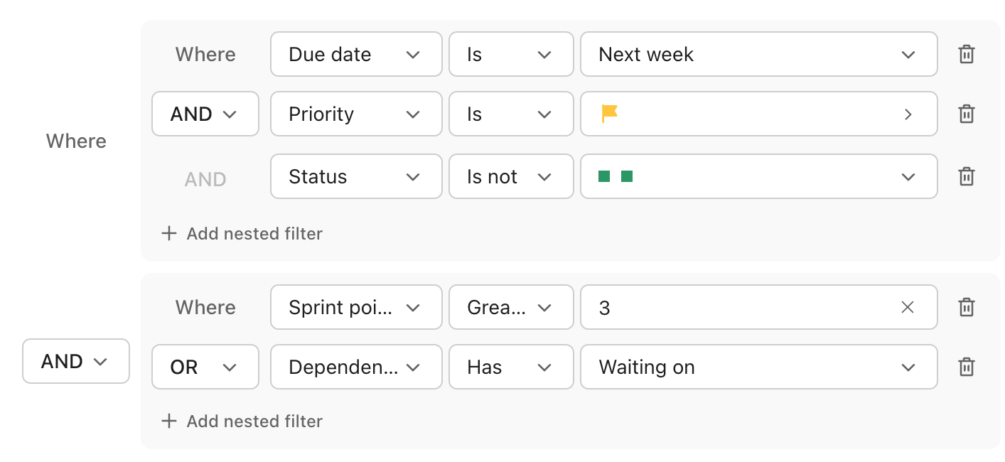 Screenshot of a filter including multiple groups.