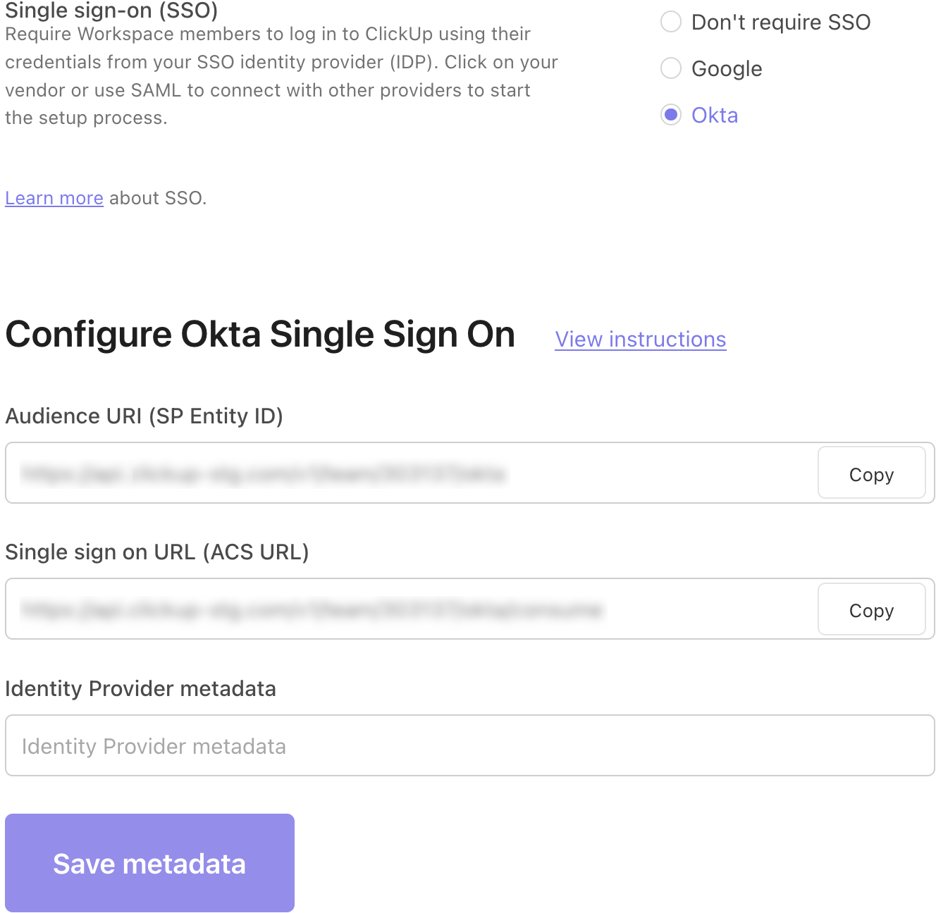 Screenshot der Okta SCIM-Konfigurationsseite in ClickUp.