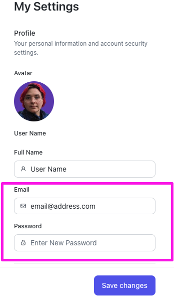 Captura de tela de Minhas Configurações com uma anotação ao redor dos campos de Email e Senha.