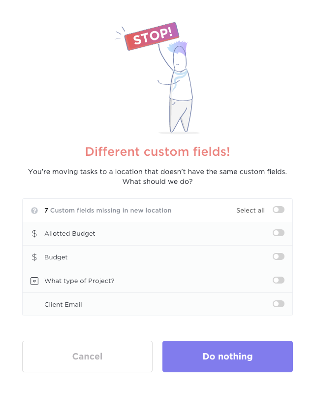 Captura de pantalla del cuadro de diálogo modal de advertencia que se muestra al mover una tarea a una Lista con diferentes Campos personalizados.
