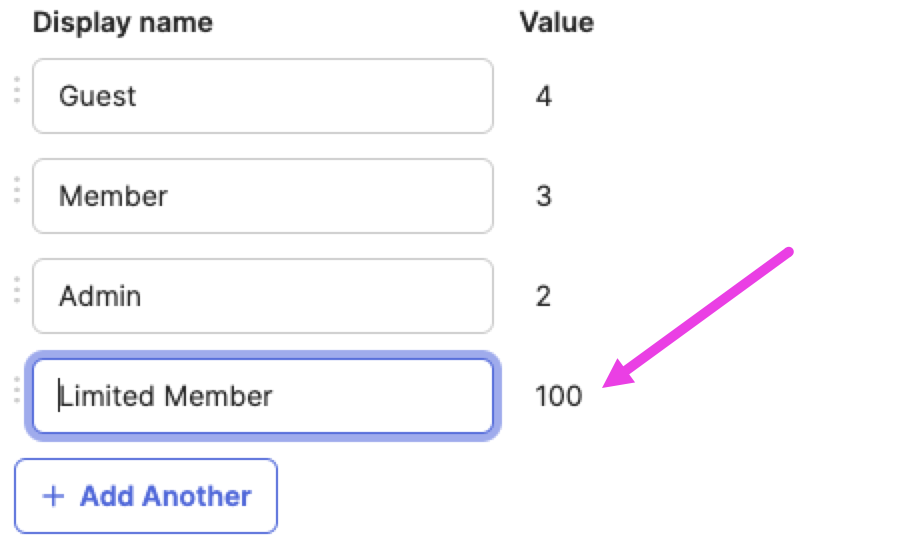 Screenshot, in dem "Limited Member" als Anzeigename in das Textfeld eingegeben wurde, mit einem Wert von 100.