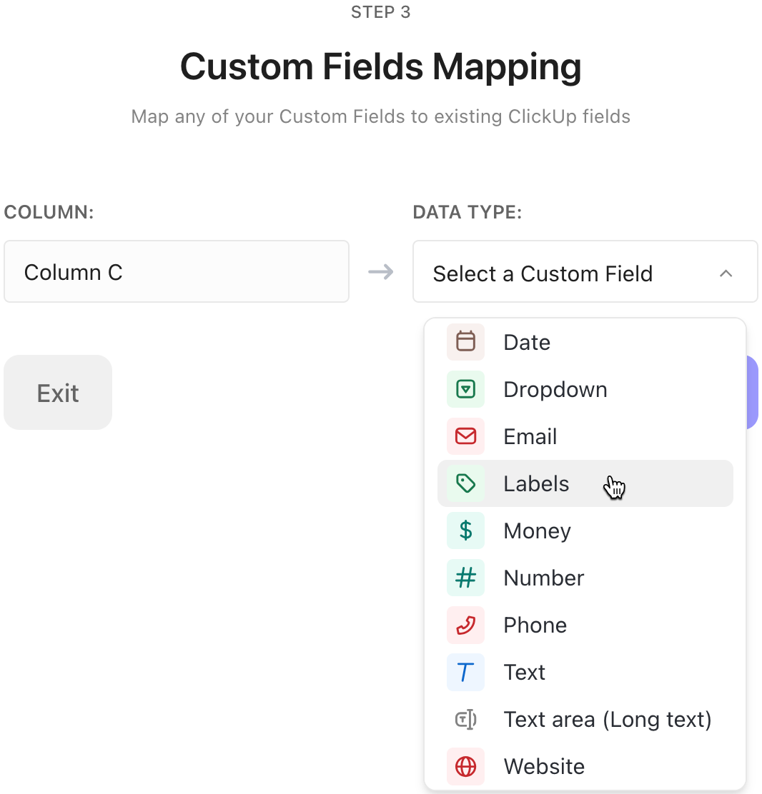 Screenshot per la pagina di mappatura dei Campi Personalizzati.