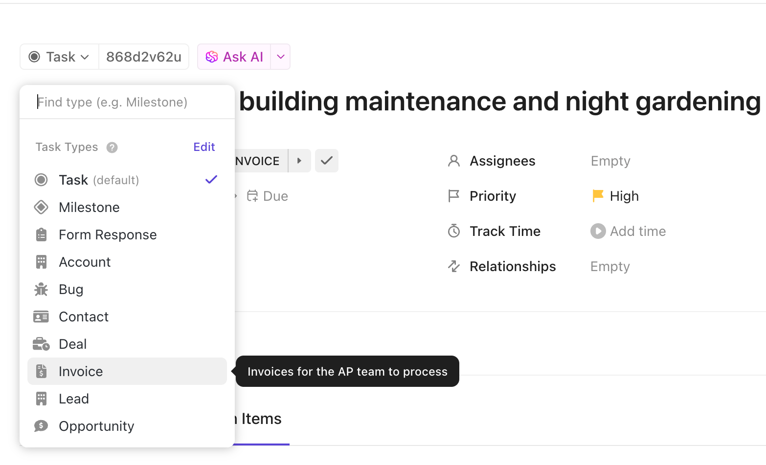 Capture d'écran de l'option permettant de définir le type de tâche à partir d'une tâche.