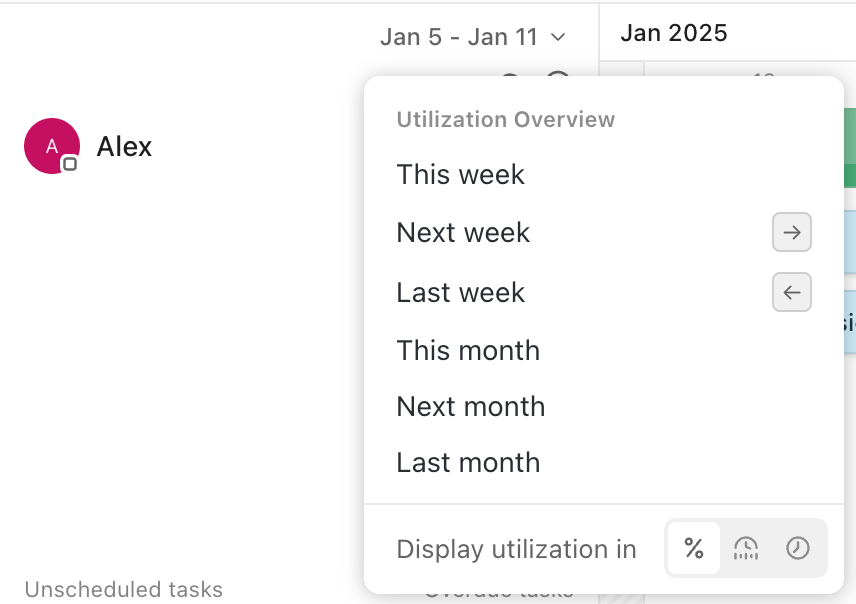 Screenshot of the utilization options in Workload view.