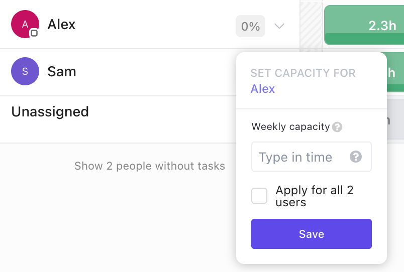 Screenshot of the capacity limit options for an assignee in Workload view.