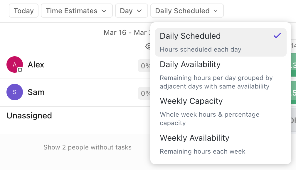 Screenshot of the availability options in Workload view.