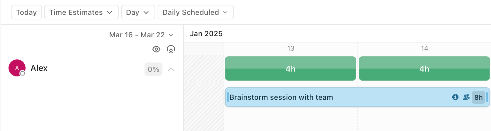 Screenshot of a task with a time estimate of eight hours, spread across two days.