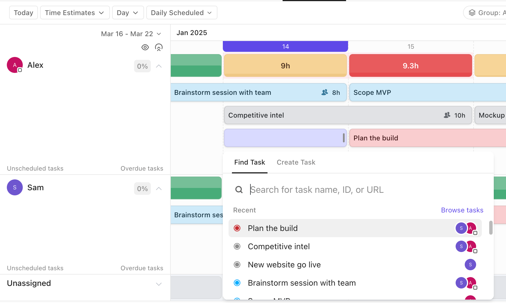 Screenshot of the create or find modal when adding a task to Workload view.