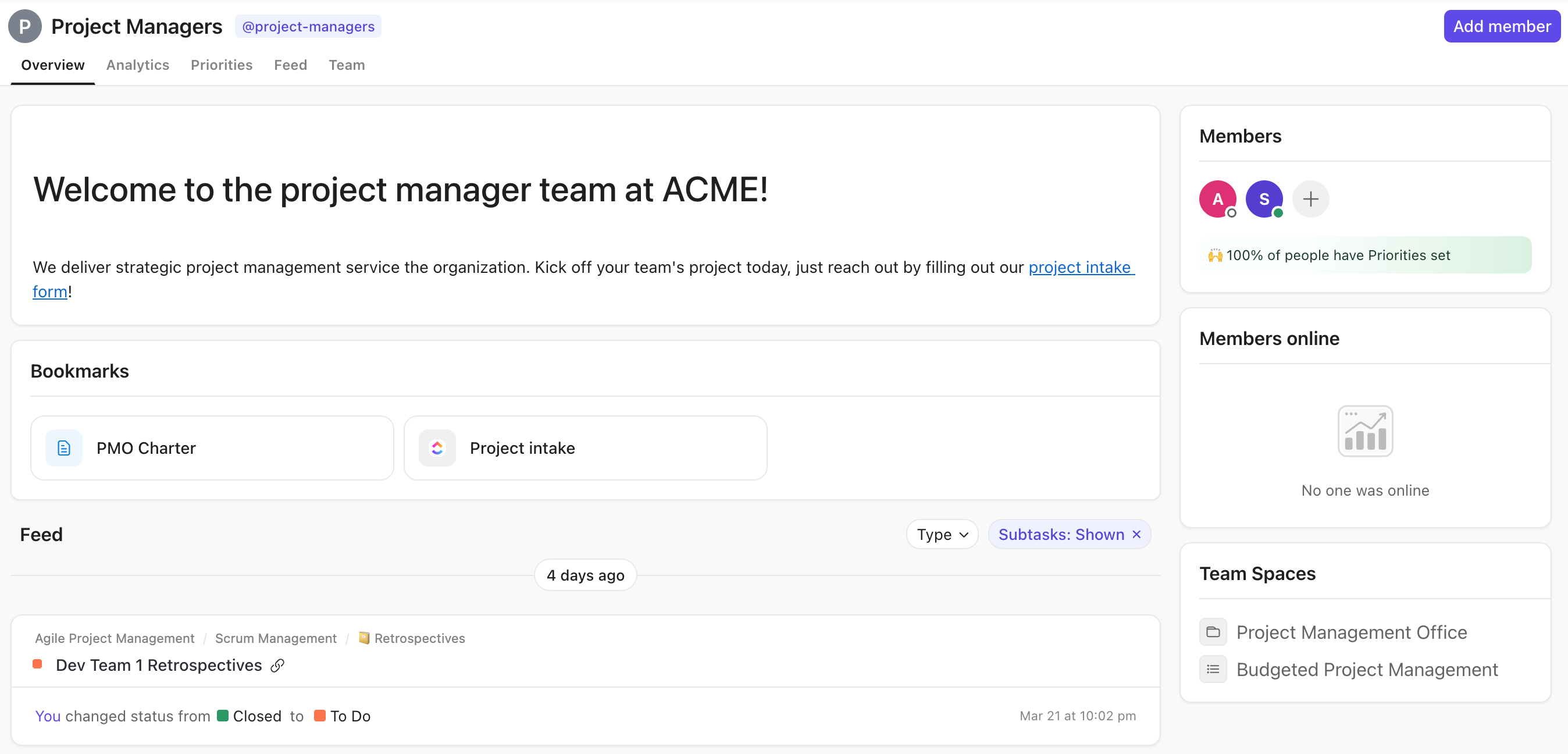 Screenshot of the overview tab in Teams Hub.