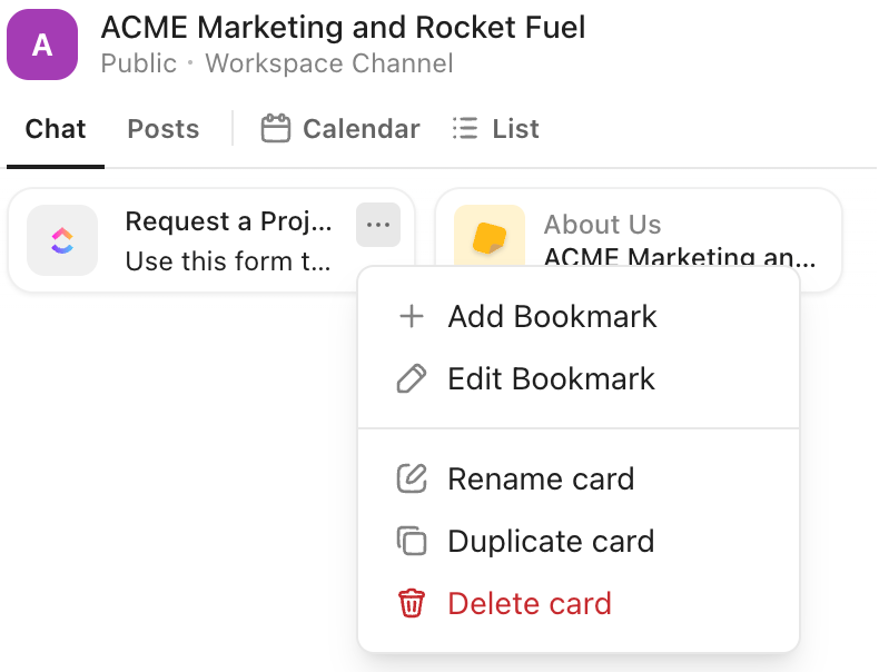 Screenshot of a card settings menu in a chat channel.