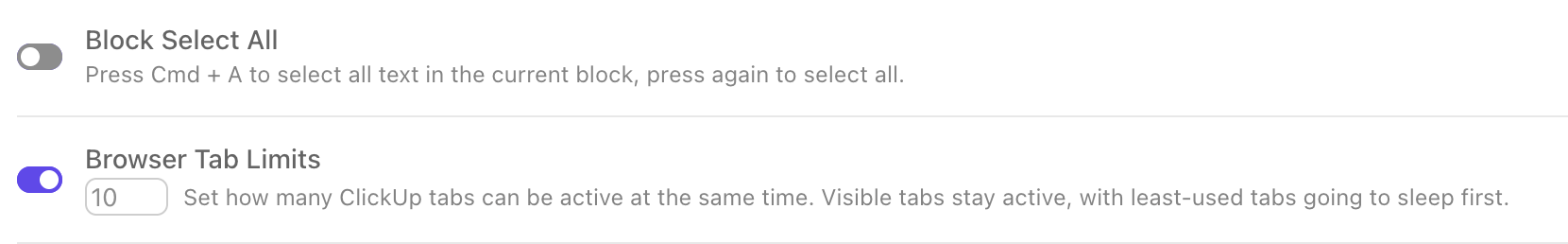 Screenshot of the browser tab limit setting.