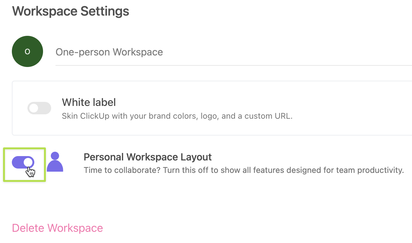 Captura de pantalla que muestra cómo habilitar un espacio de trabajo para varias personas en la configuración del espacio de trabajo.