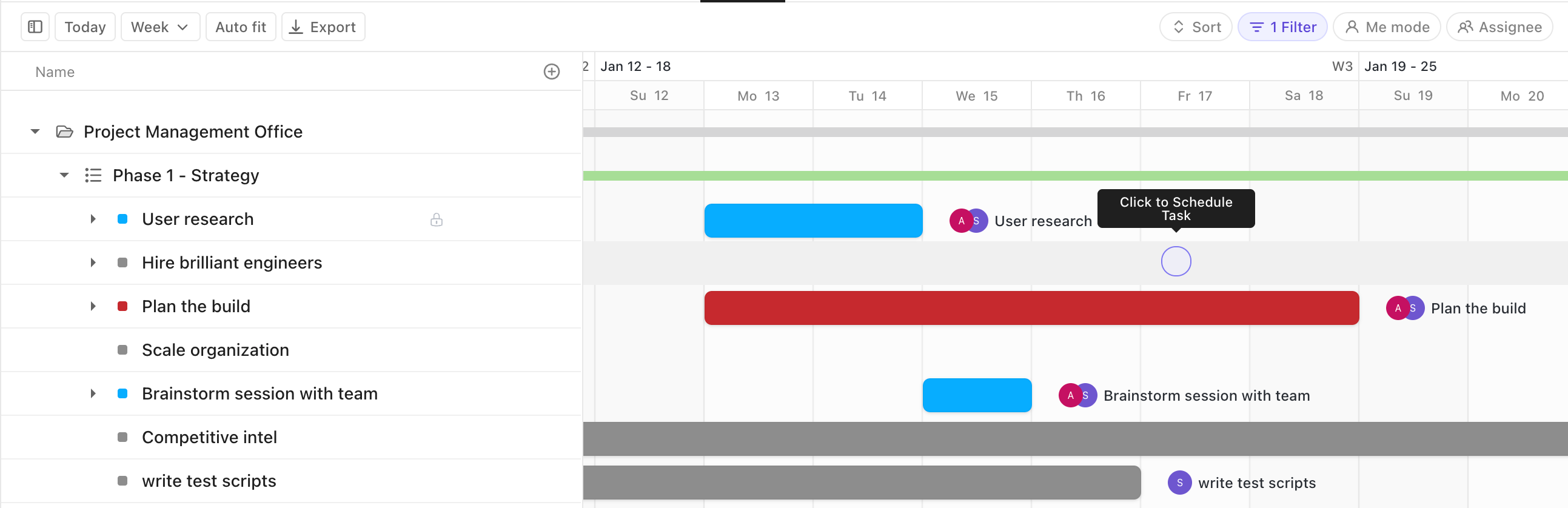 Screenshot di un diagramma di Gantt che evidenzia la funzionalità di pianificazione delle attività con un clic.