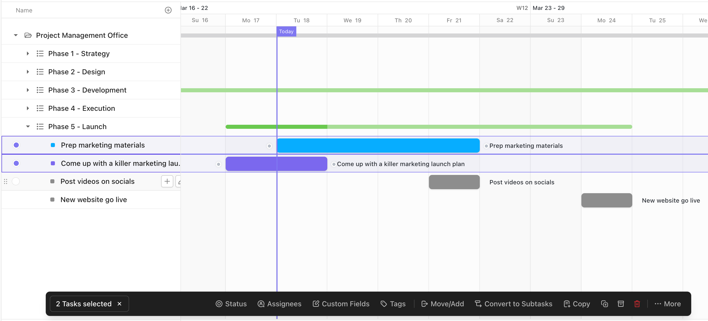Screenshot della barra delle azioni in blocco nella vista Gantt.
