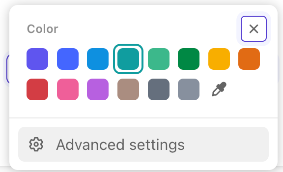 Capture d'écran du sélecteur de couleurs, avec le bouton Paramètres avancés ci-dessous et l'icône X en haut à droite surlignée.