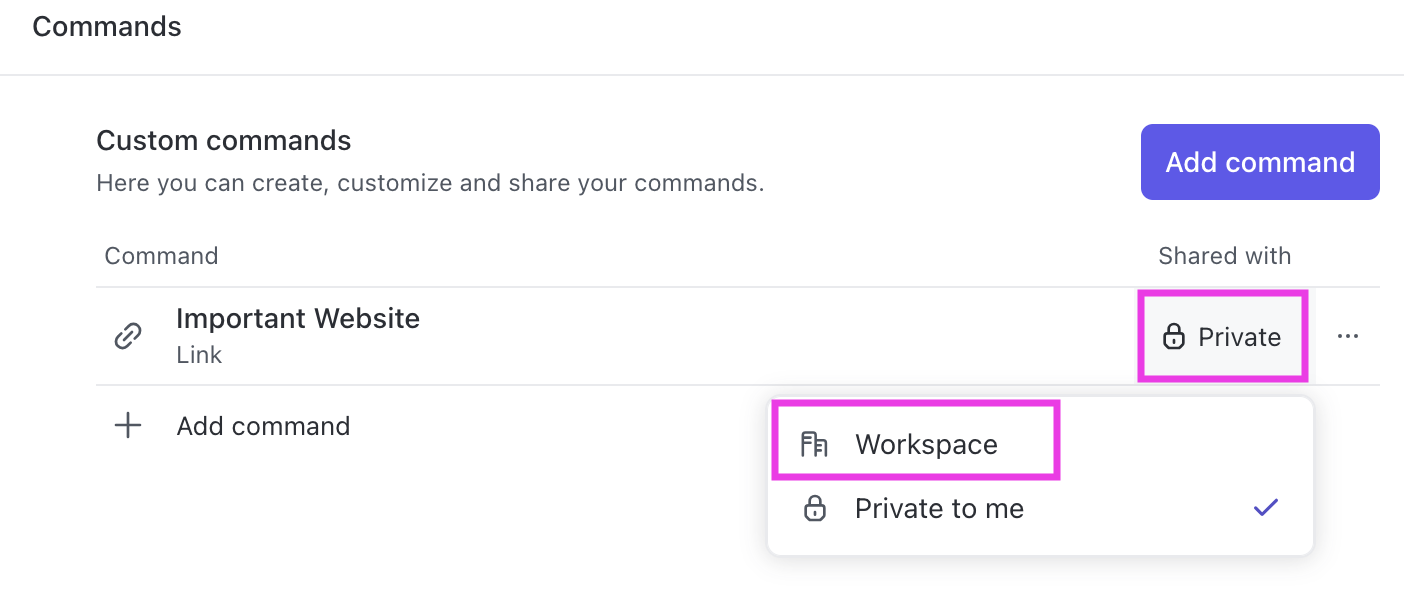 Capture d'écran montrant quelqu'un partageant une commande personnalisée avec son environnement de travail.