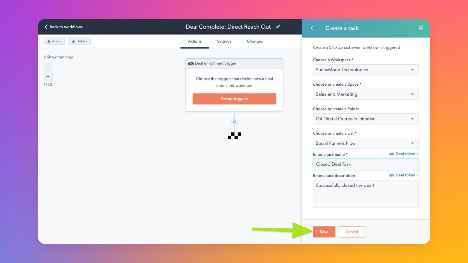 Screenshot di qualcuno che salva la propria scelta di trigger HubSpot.