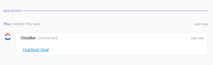 Capture d'écran de ClickBot laissant un commentaire de tâche avec le lien HubSpot via Automatisation.