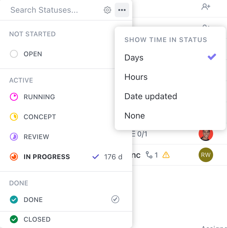 Image du menu de statut et des options de temps total dans le statut