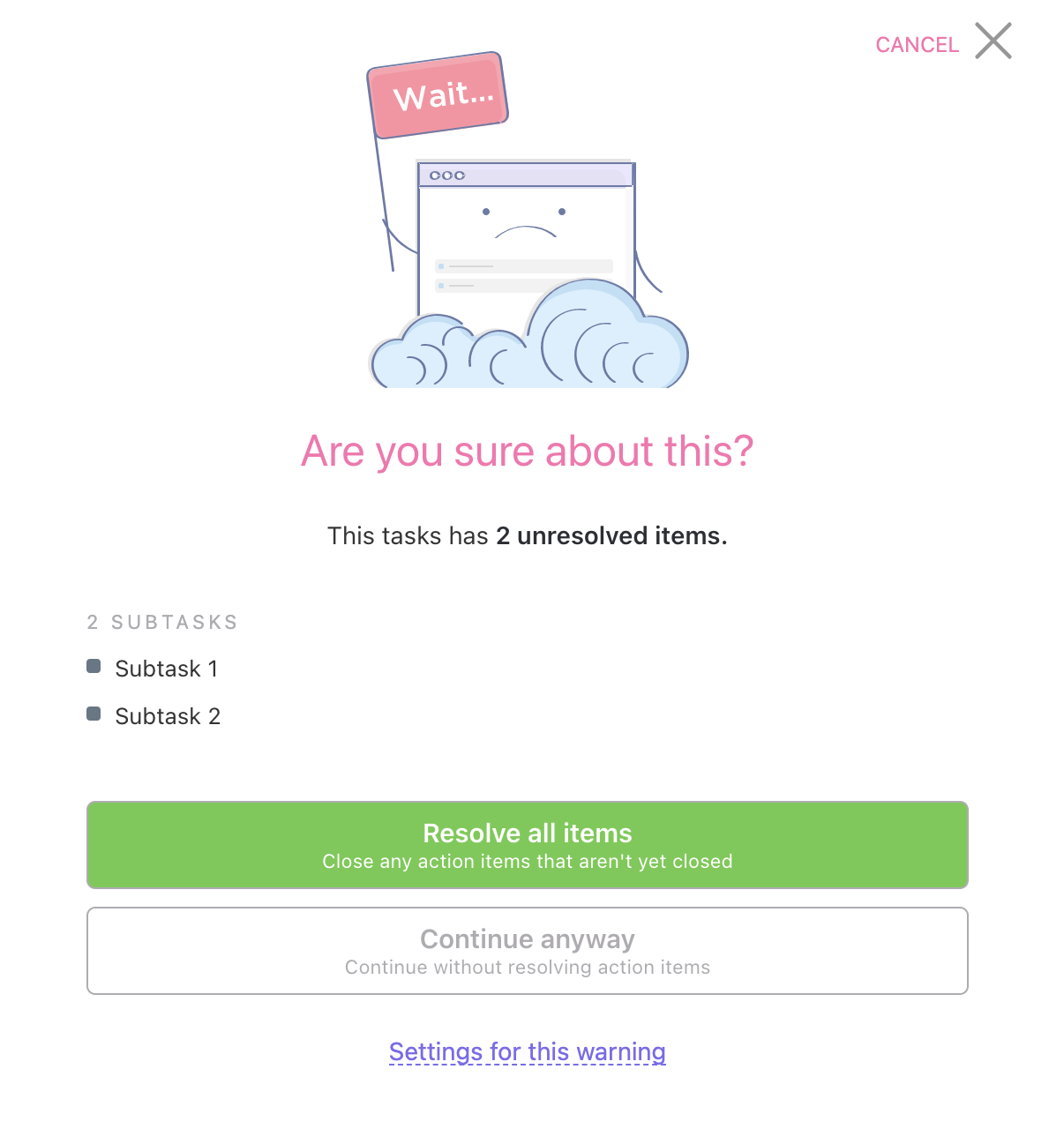 Captura de pantalla de una advertencia incompleta en ClickUp.