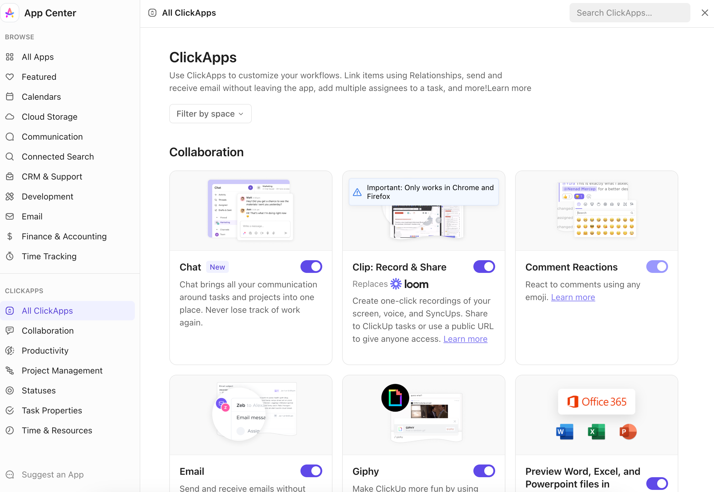 Screenshot della sezione ClickApps del App Center.