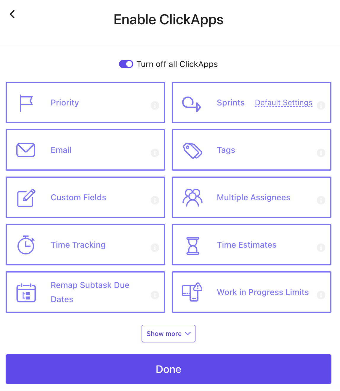 Screenshot della pagina delle impostazioni delle ClickApps a livello di spazio.