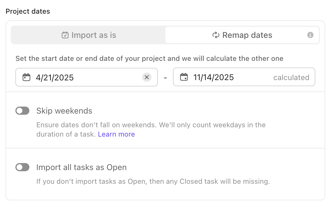 Screenshot of the option to remap project dates when applying a List template.