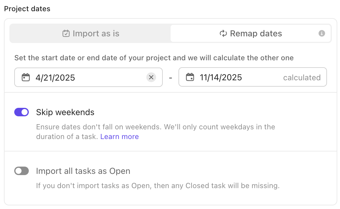 Screenshot of the option to remap project dates and skip weekends when applying a List template.