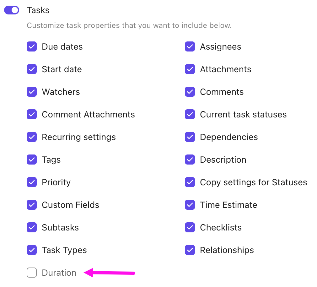 Screenshot of the option exclude durations from tasks when creating a template.