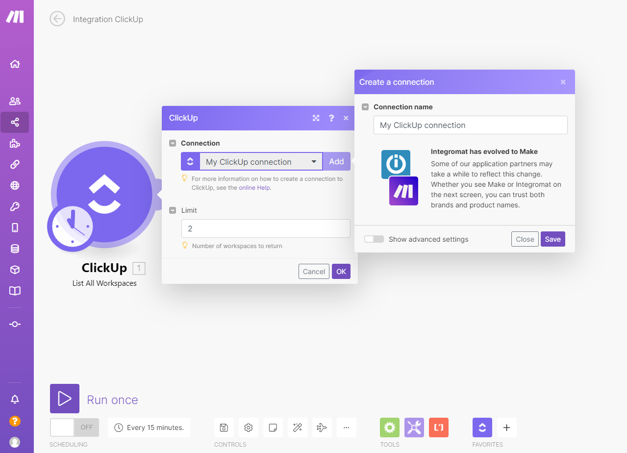 Screenshot eines Make-Szenarios mit der ClickUp-Integration.