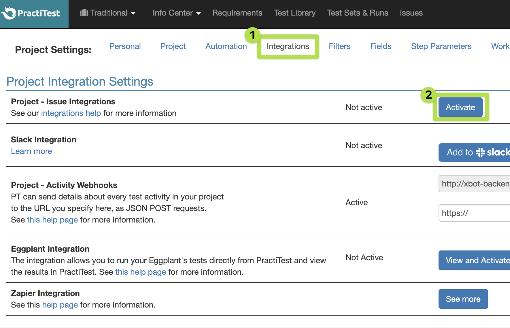 Captura de pantalla destacando el botón 'activar' en la página de 'configuración de integración de proyectos' de PractiTest.
