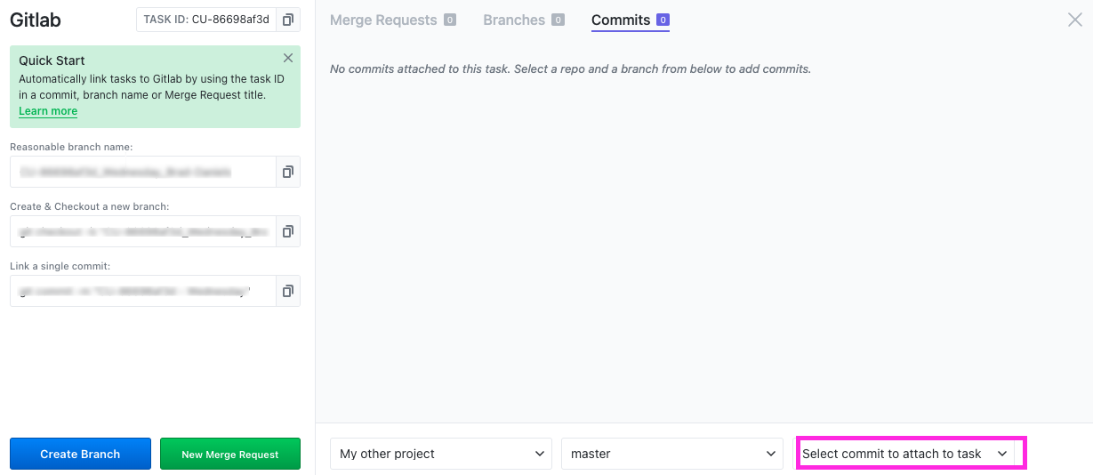Captura de pantalla de alguien asociando manualmente una confirmación de GitLab con una tarea de ClickUp.