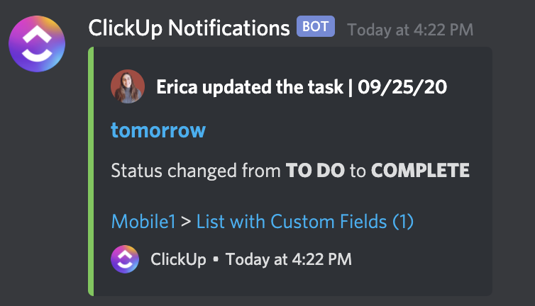 Captura de pantalla de alguien utilizando la integración de Discord.