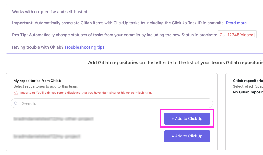 Captura de pantalla de alguien añadiendo un repositorio a ClickUp.