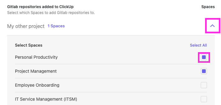 Captura de pantalla de alguien seleccionando espacios de ClickUp para un repositorio.