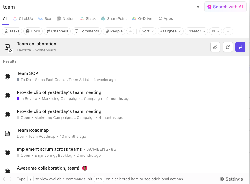 Screenshot di qualcuno che digita 'team' nel Centro di comando. Il primo risultato è una lavagna online denominata 'Collaborazione di Team'.