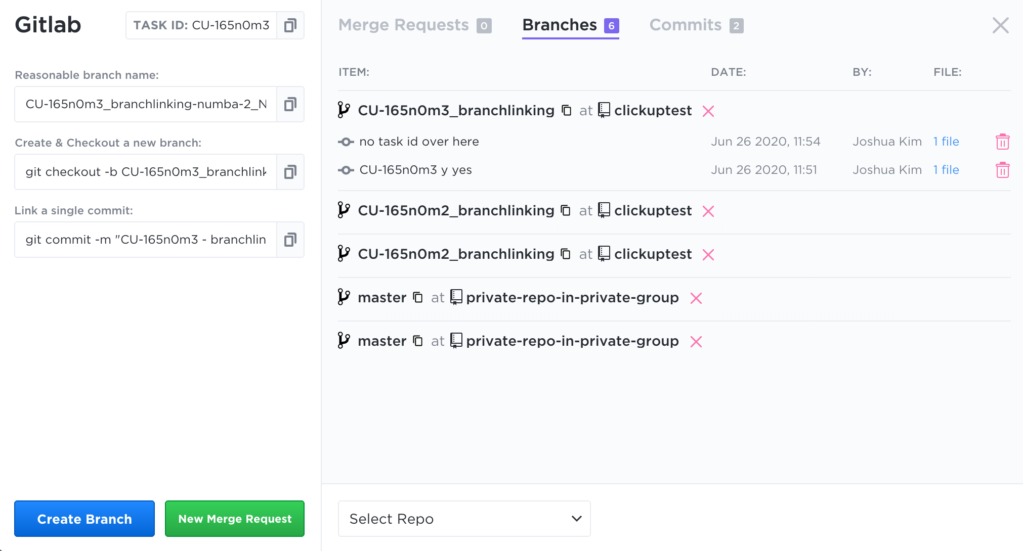 Screenshot einer Person, die einen neuen Zweig aus ClickUp erstellt.