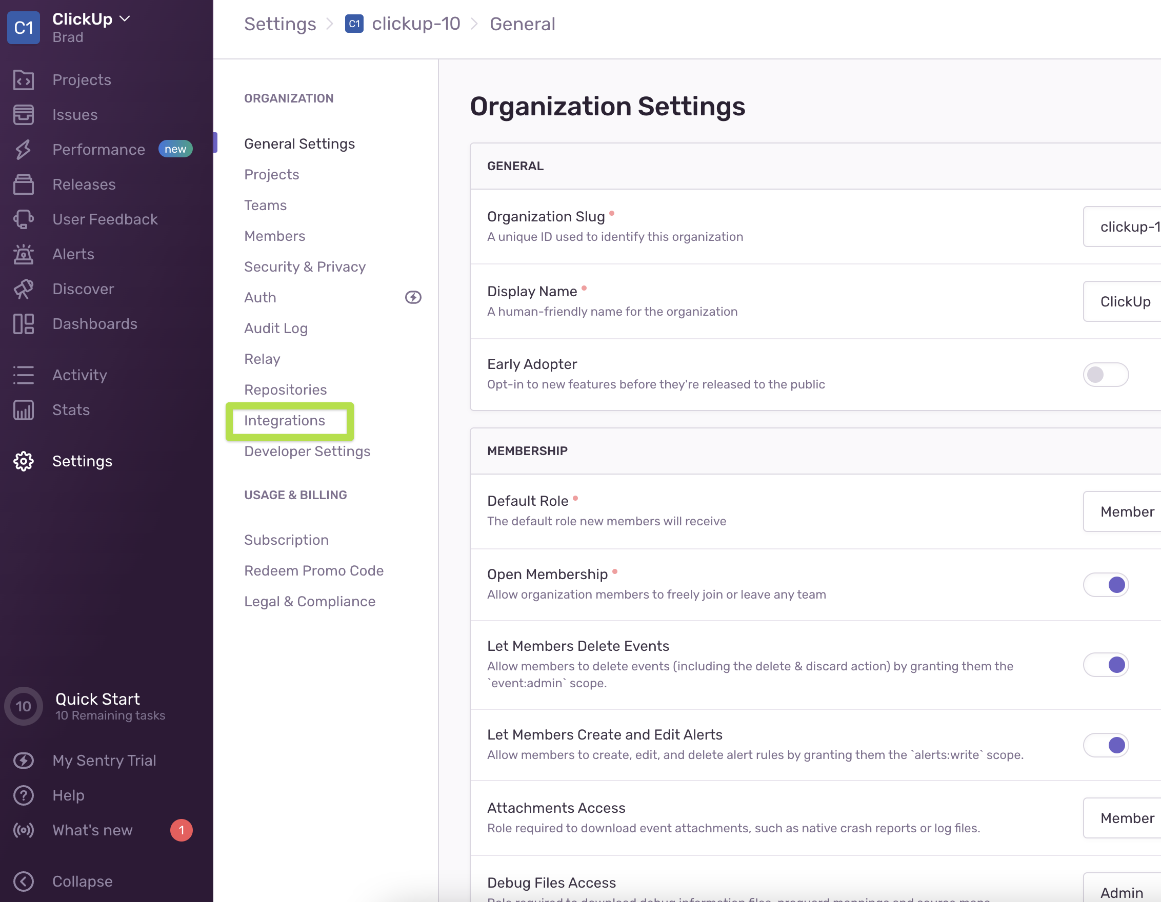 Captura de pantalla de la opción Integraciones en Sentry.