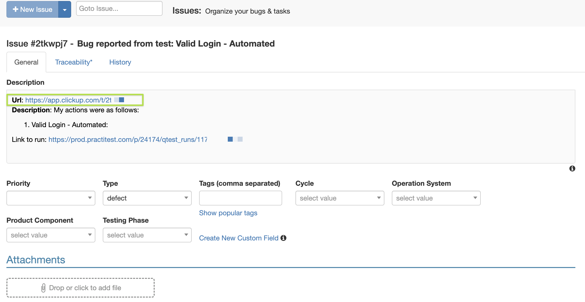 Schermata della descrizione di un problema in PractiTest, che include un link alla corrispondente tarefa ClickUp.