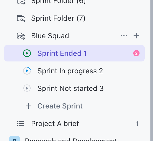Capture d’écran de trois Sprints dans un dossier de sprints dans la barre latérale, mettant en évidence les trois icônes sprint statut et statut.